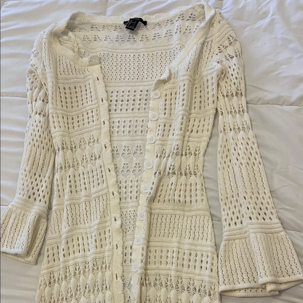 Cream Crochet Long Cardigan